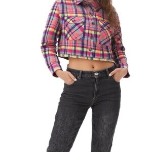 RD Style Boxy Plaid Cropped Shacket in Pink Size Small